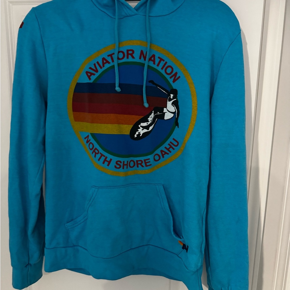 Aviator Nation Blue Hoodie with Sunset Graphic